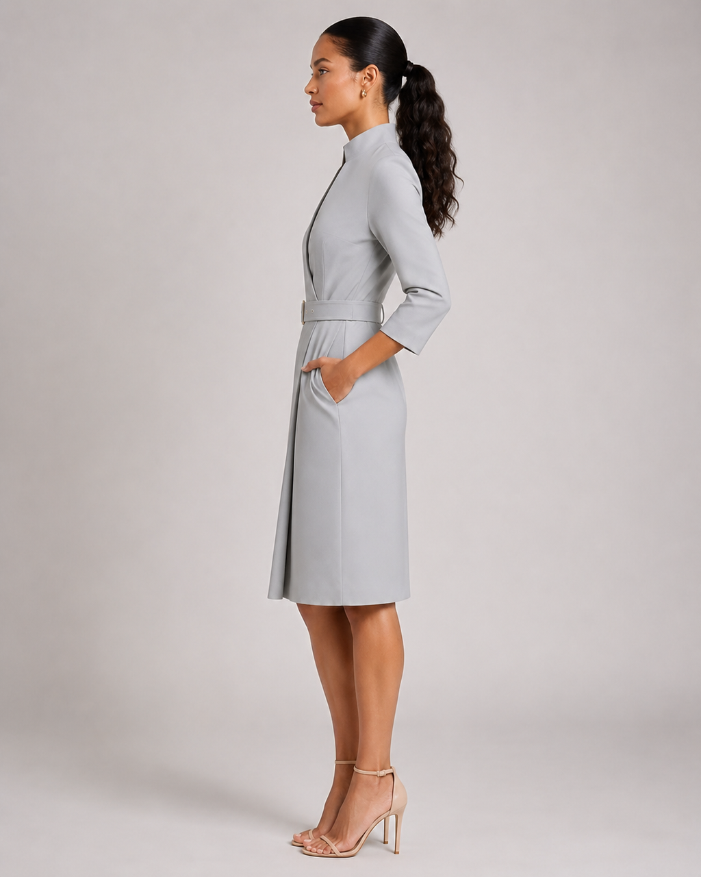 Nadia - Midi-jurk met Ceintuur en Lange Mouwen