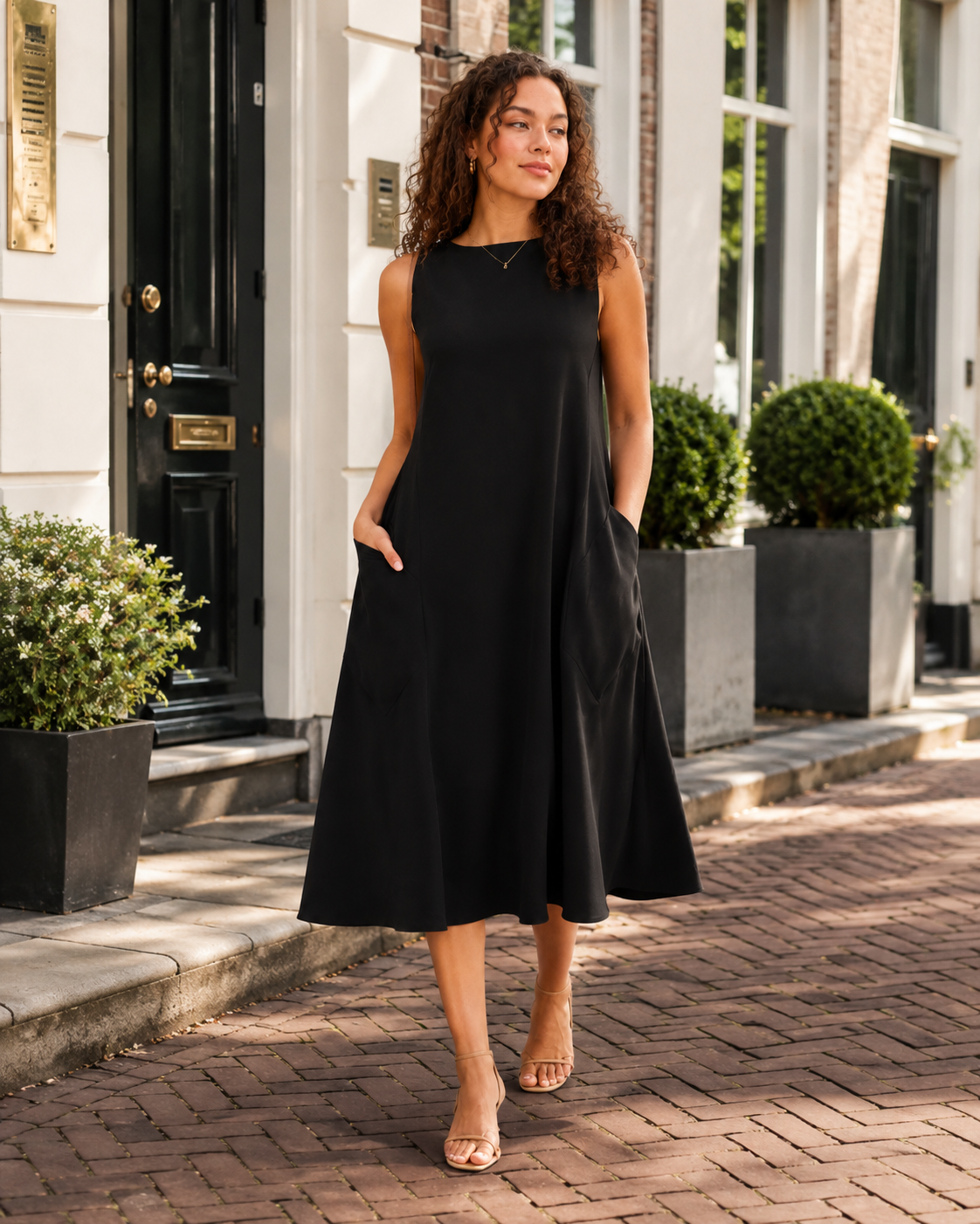 Nella - Monochrome Midi-jurk met Ronde Hals