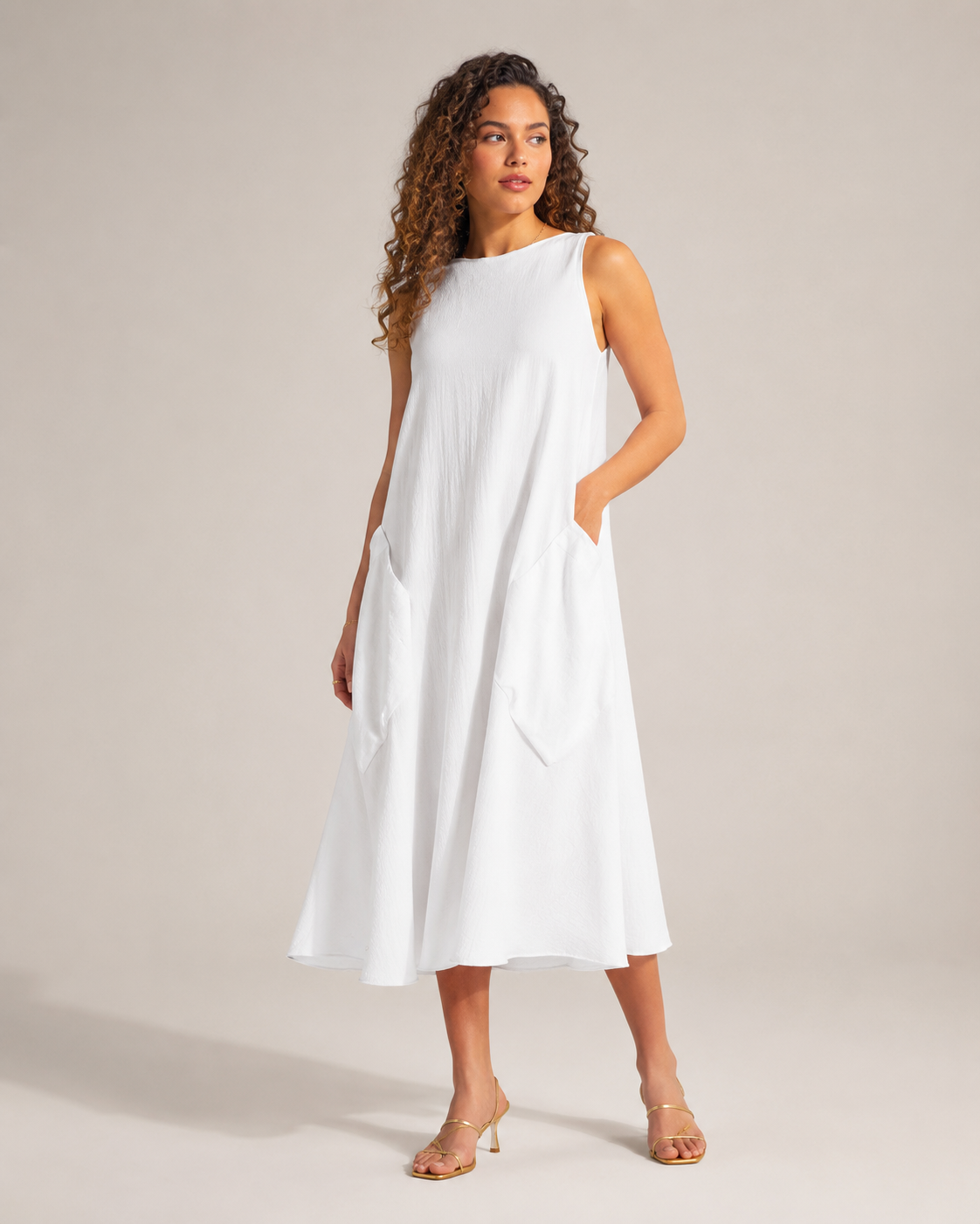 Nella - Monochrome Midi-jurk met Ronde Hals