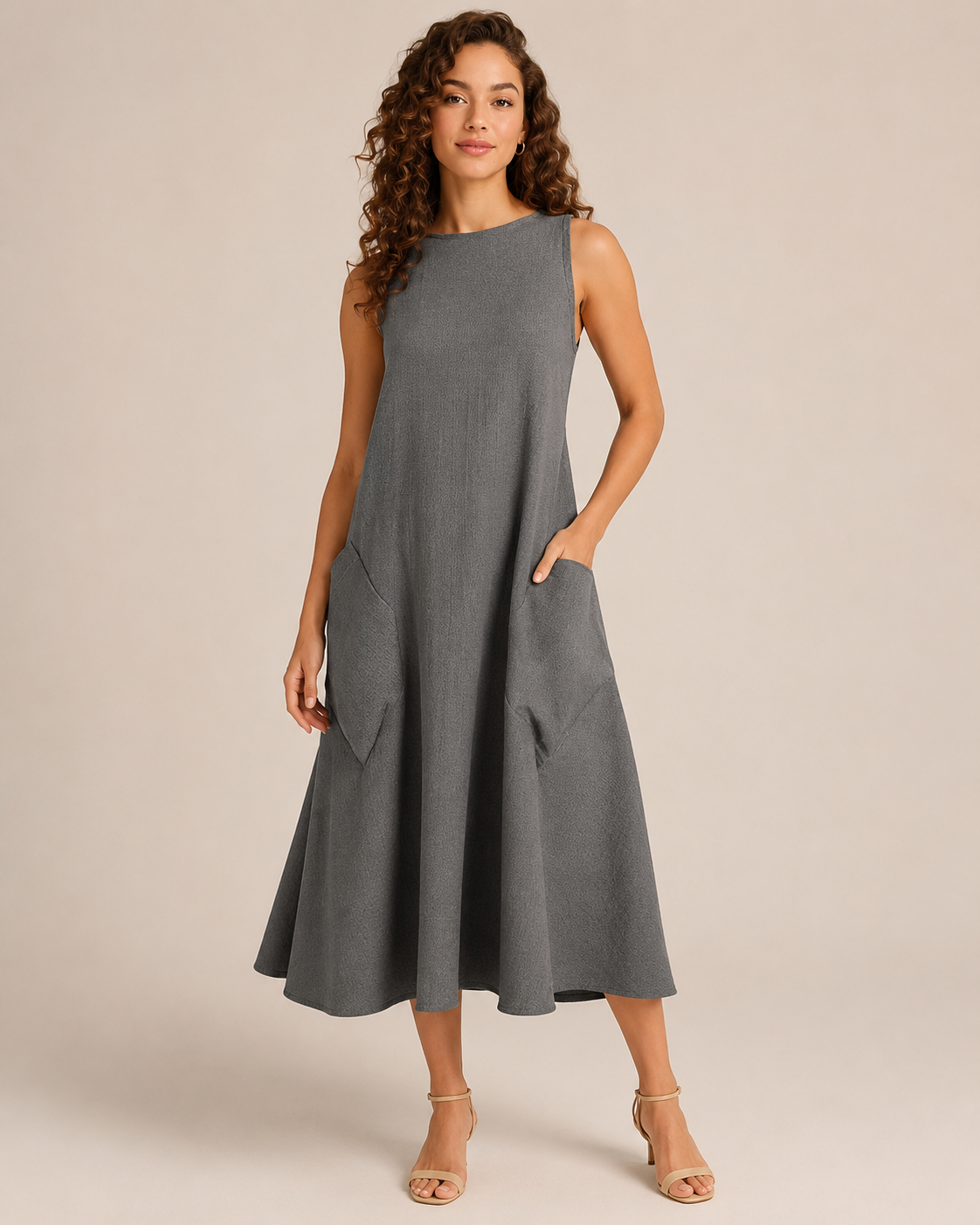 Nella - Monochrome Midi-jurk met Ronde Hals