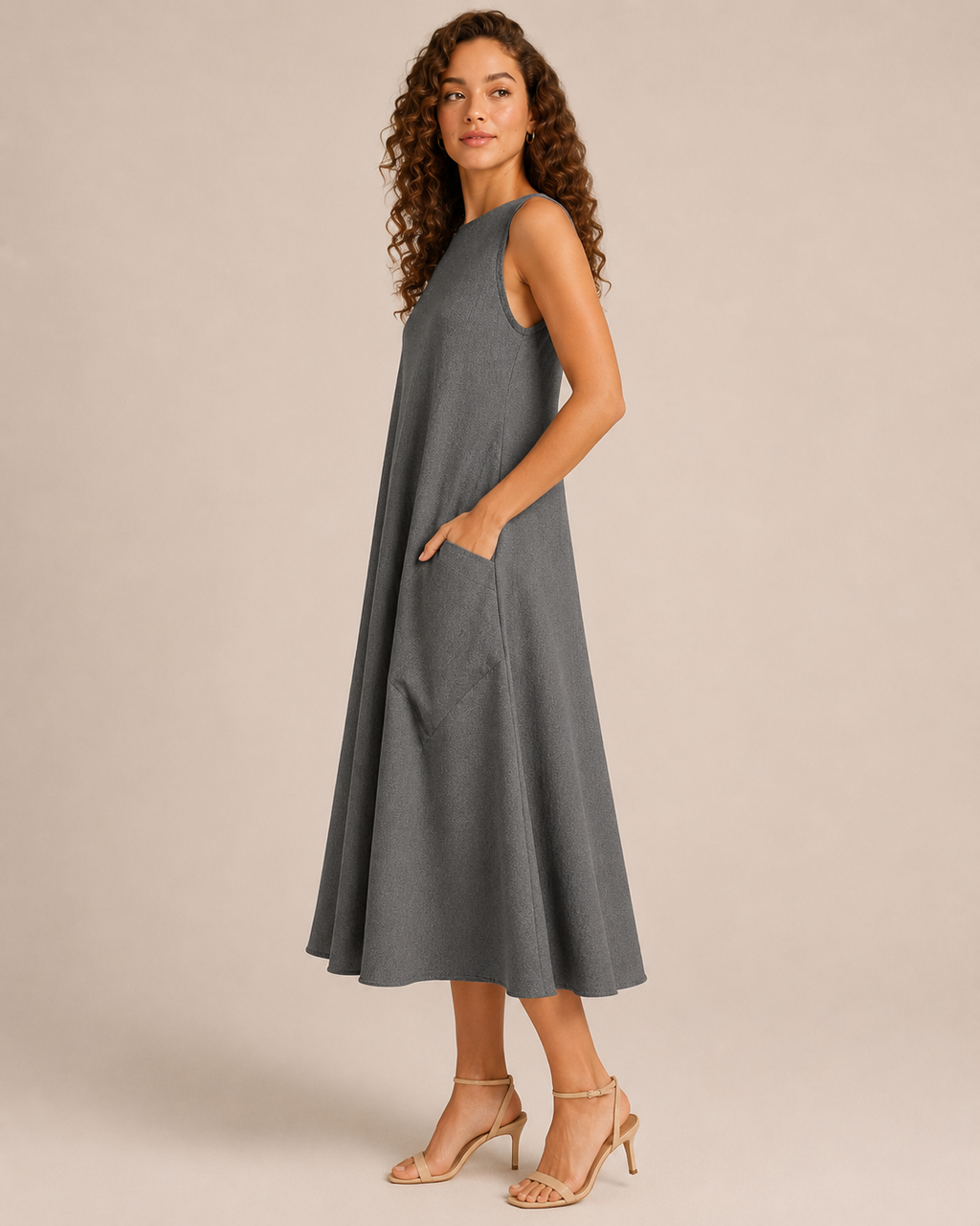 Nella - Monochrome Midi-jurk met Ronde Hals