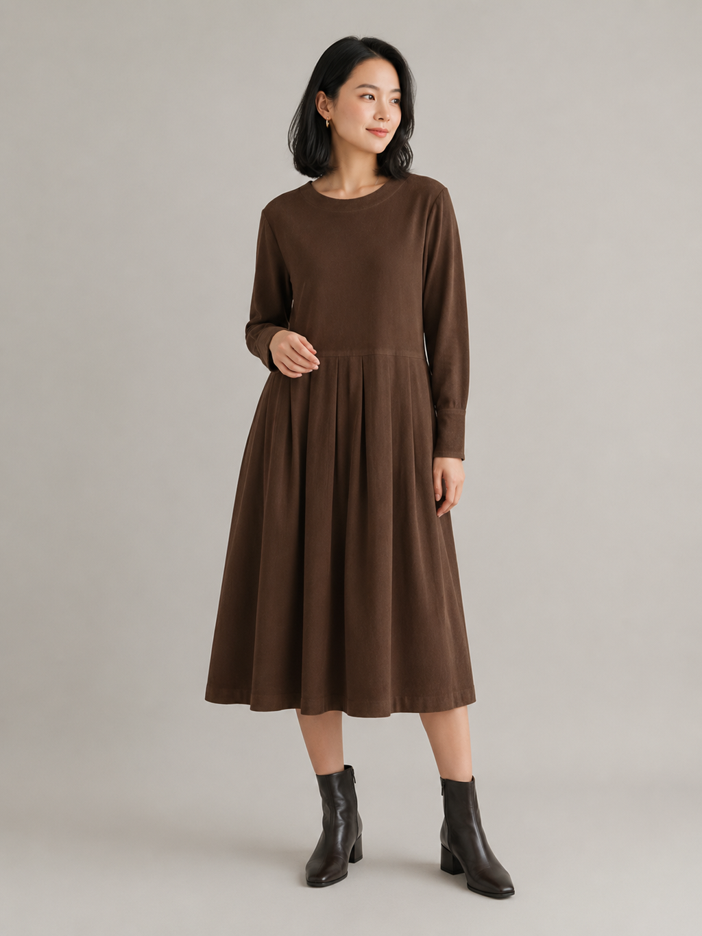 Noortje - Katoenen Midi-jurk met Ronde Hals en Lange Mouwen