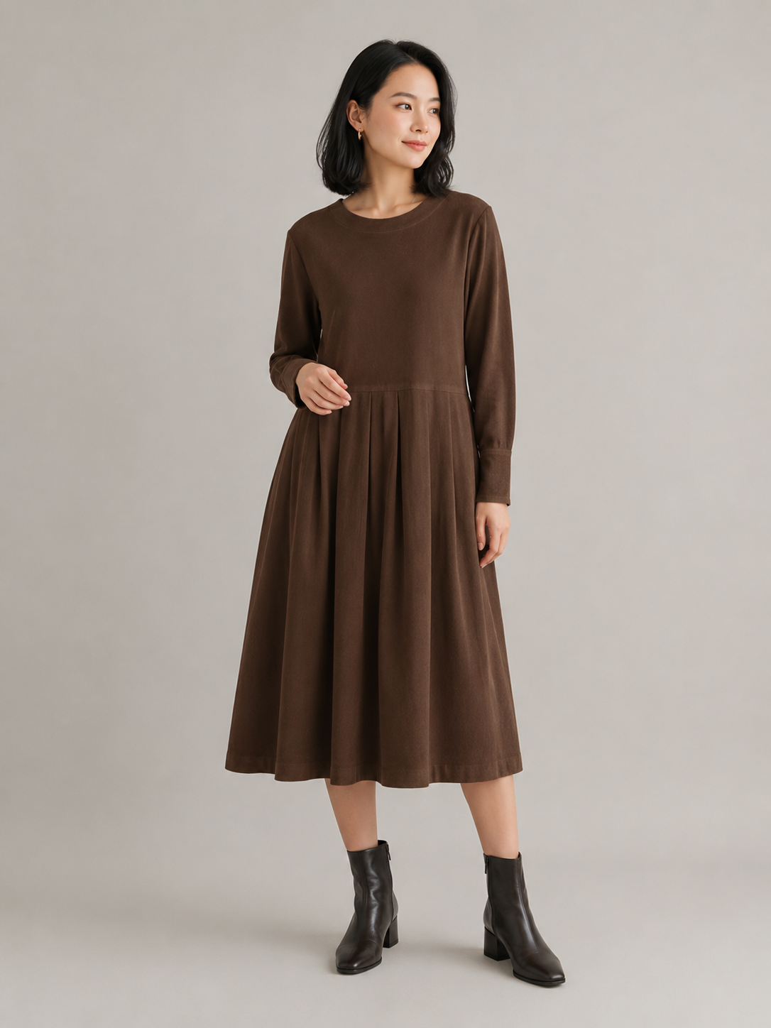 Noortje - Katoenen Midi-jurk met Ronde Hals en Lange Mouwen