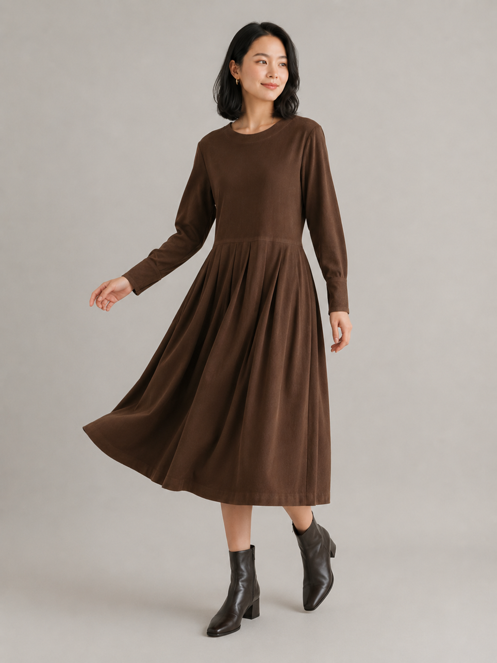 Noortje - Katoenen Midi-jurk met Ronde Hals en Lange Mouwen