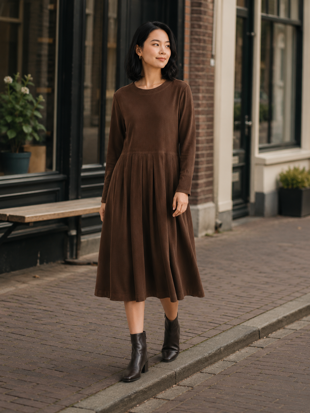 Noortje - Katoenen Midi-jurk met Ronde Hals en Lange Mouwen