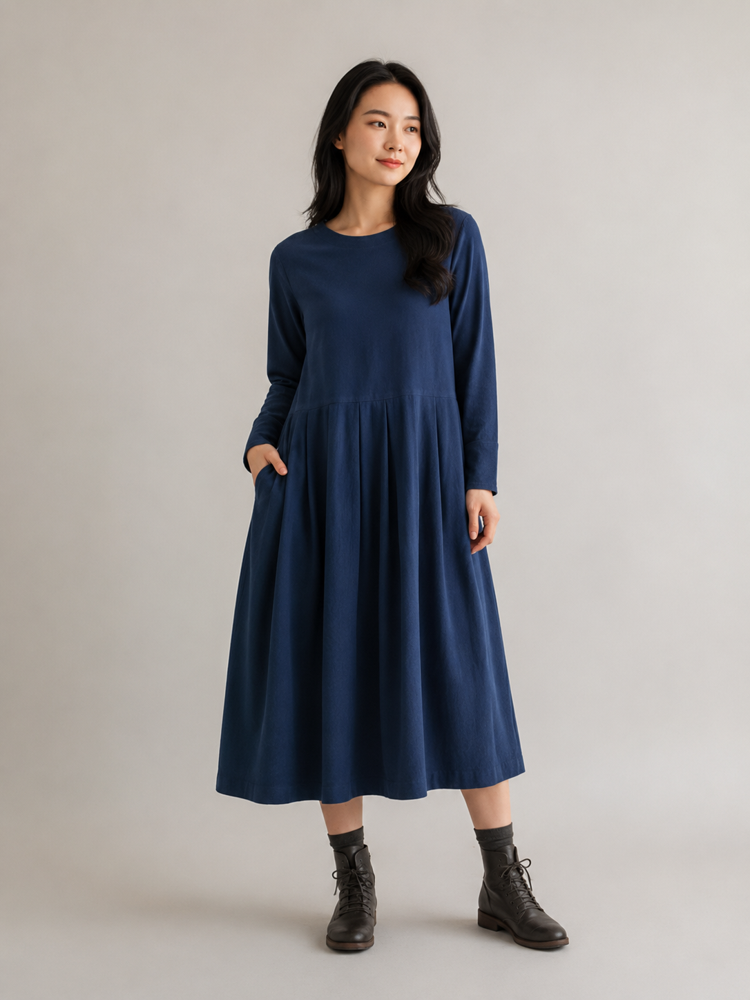 Noortje - Katoenen Midi-jurk met Ronde Hals en Lange Mouwen