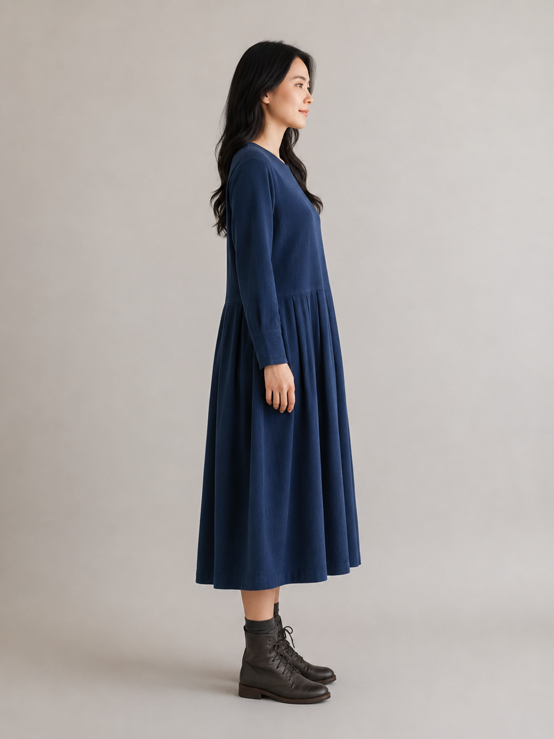 Noortje - Katoenen Midi-jurk met Ronde Hals en Lange Mouwen