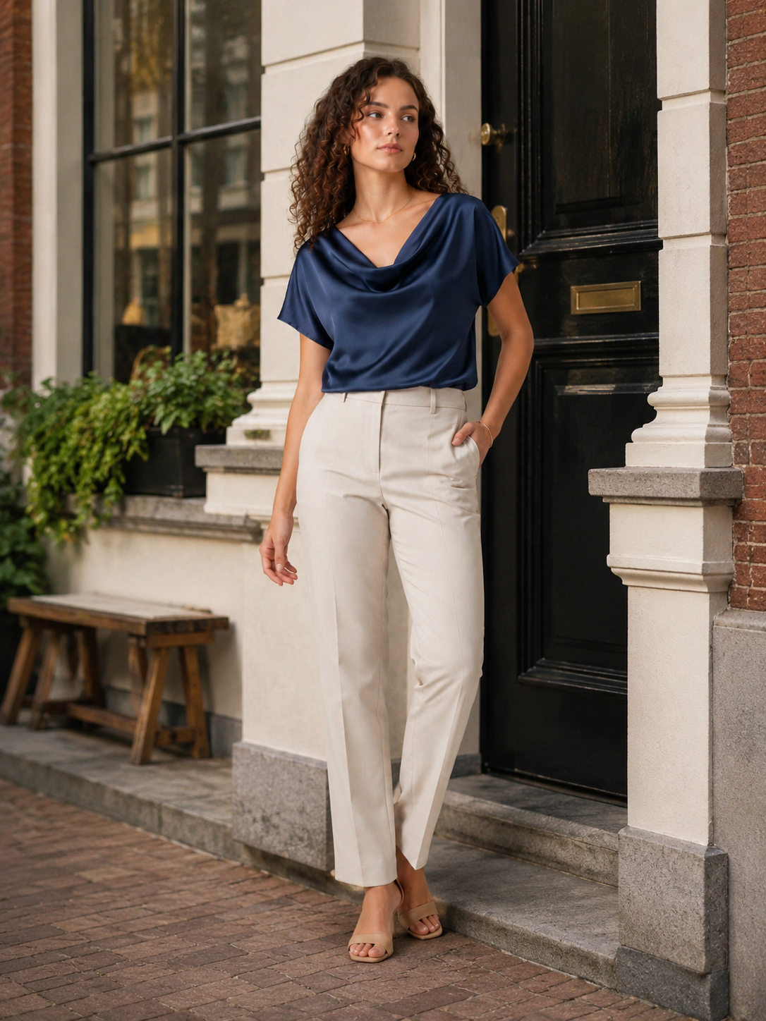 Nadja - Blouse met Gedrapeerde Halslijn en Korte Mouwen