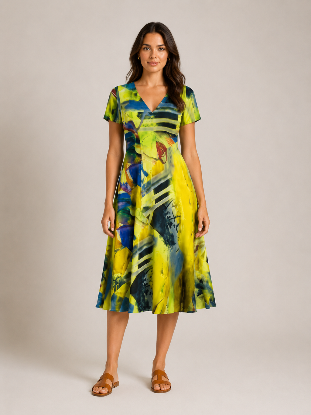 Nanda - Midi-jurk met Abstracte Print en V-hals