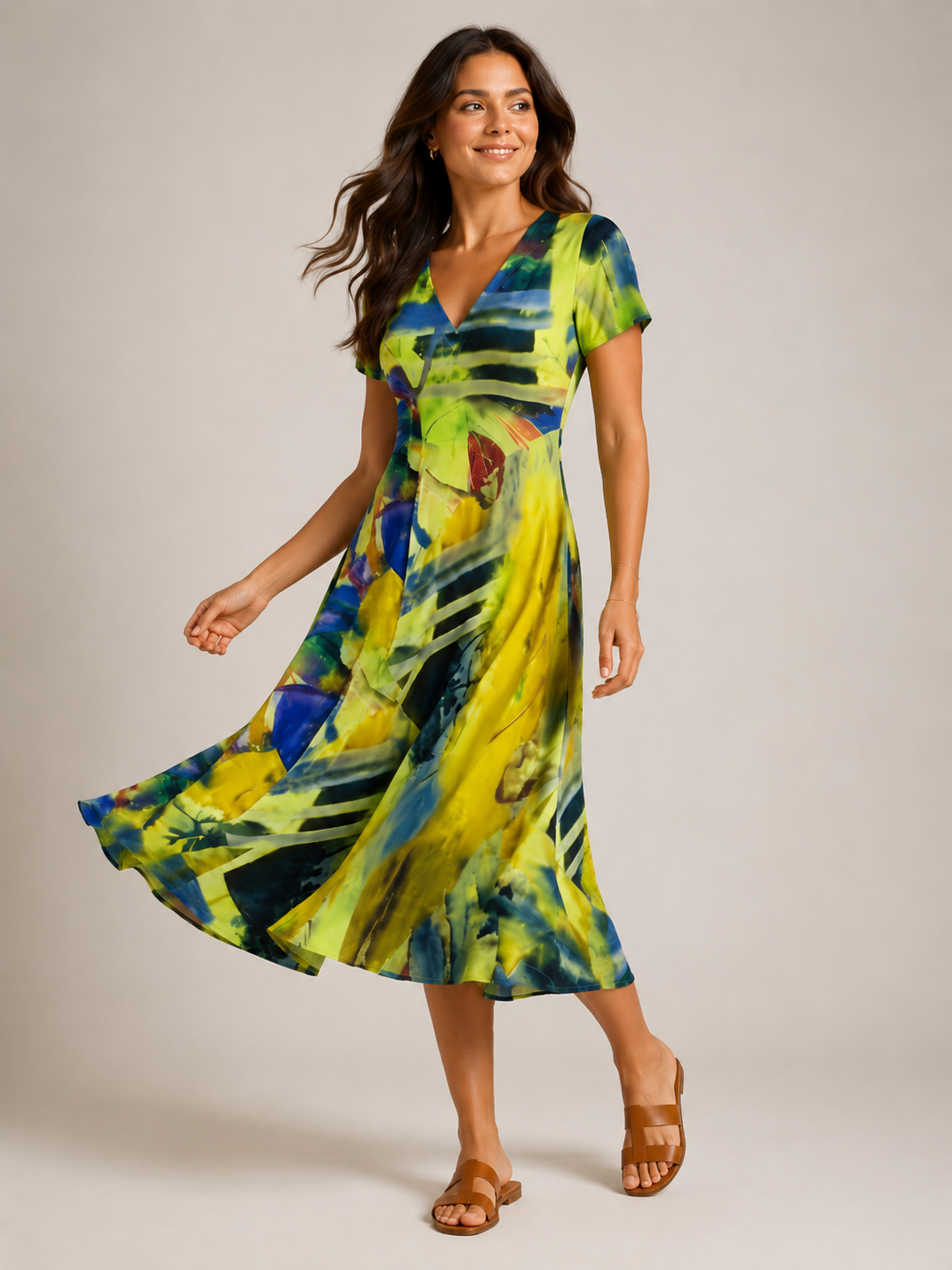 Nanda - Midi-jurk met Abstracte Print en V-hals