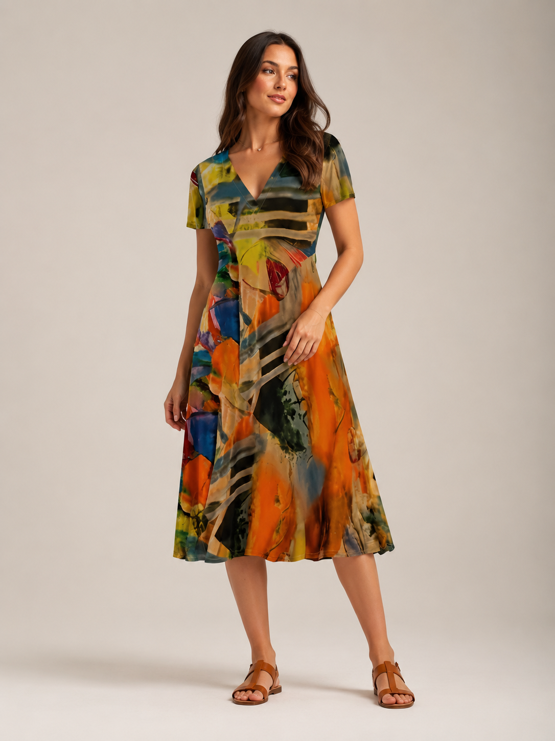 Nanda - Midi-jurk met Abstracte Print en V-hals