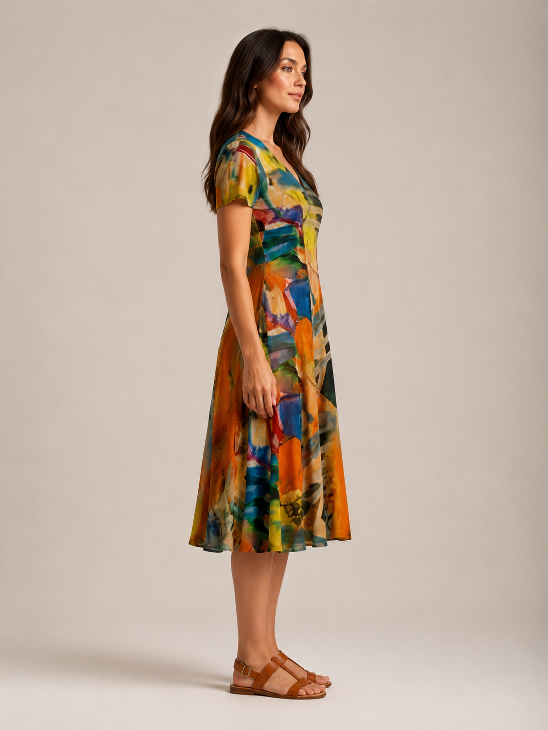 Nanda - Midi-jurk met Abstracte Print en V-hals