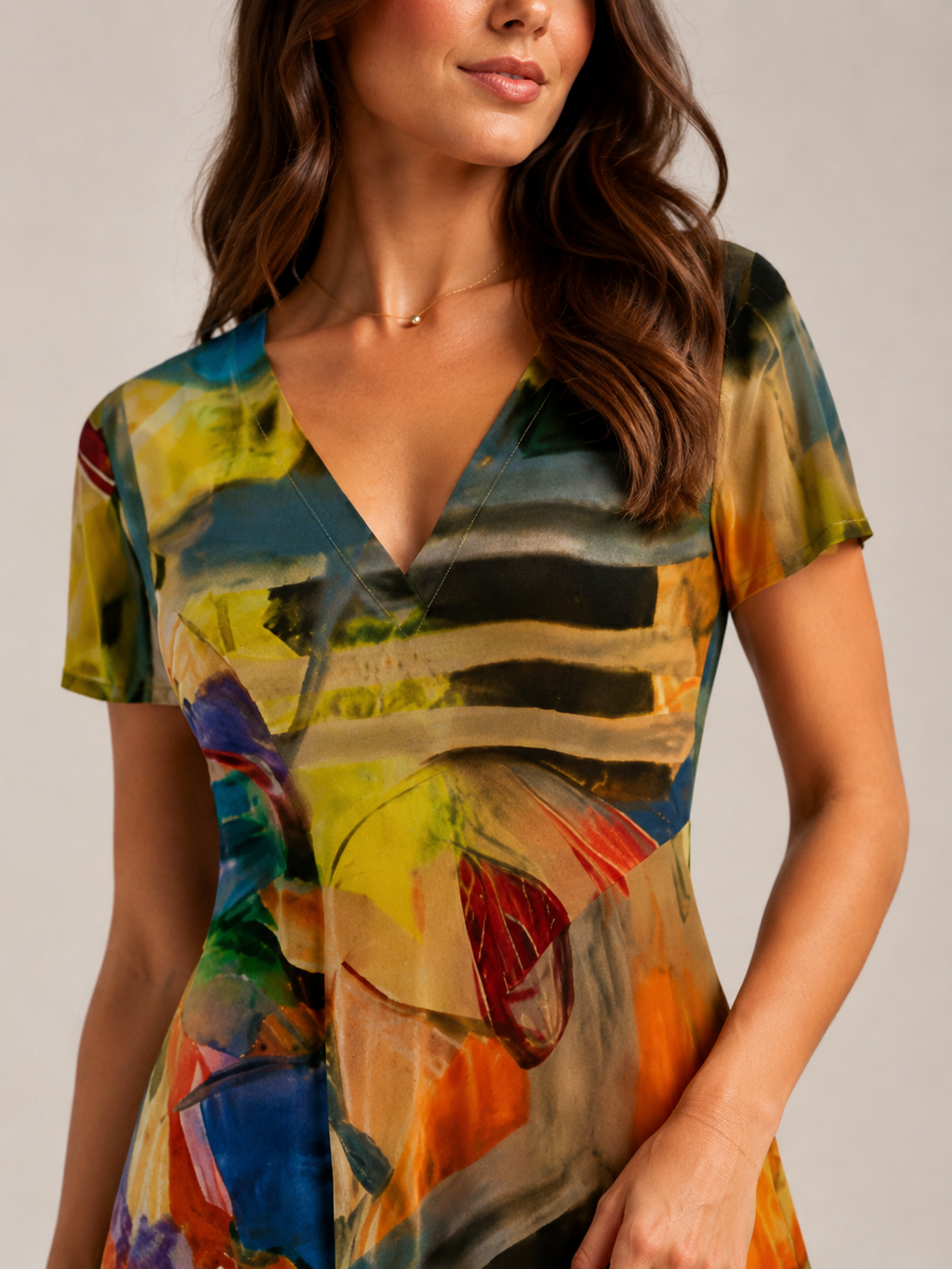 Nanda - Midi-jurk met Abstracte Print en V-hals