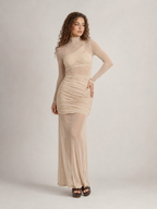Nika - Mesh Maxi-jurk met Lange Mouwen en Aansluitend Silhouet