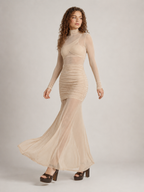 Nika - Mesh Maxi-jurk met Lange Mouwen en Aansluitend Silhouet