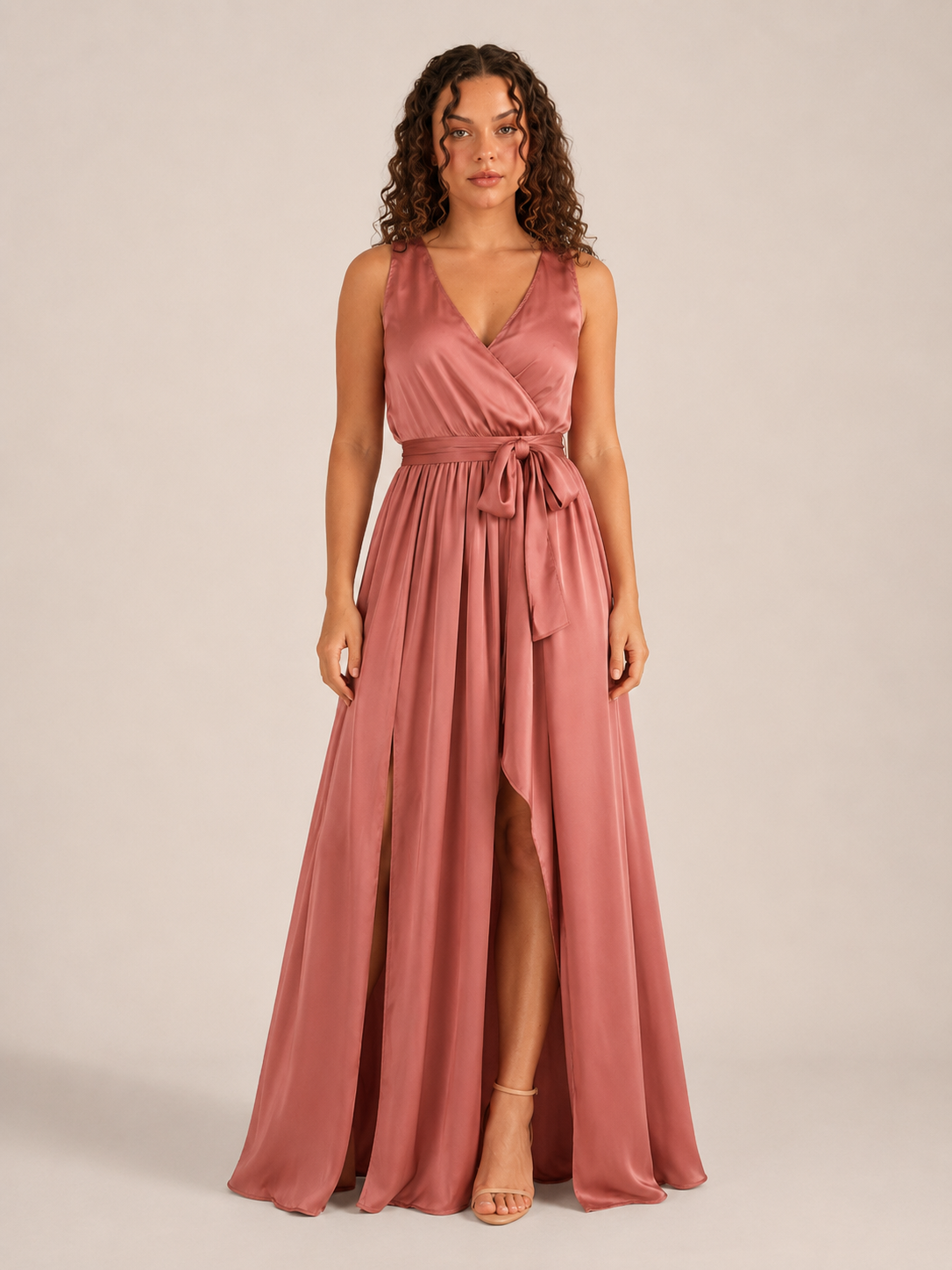Laurine - Lange Wikkeljurk Met V-hals En Strikceintuur