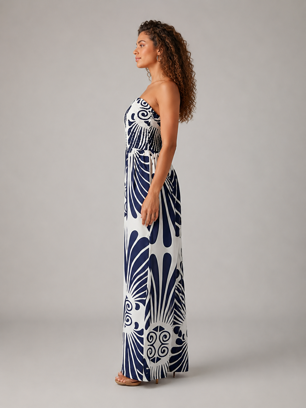 Nicolien - Strapless Maxi-jurk met Print en Gerimpeld Lijfje