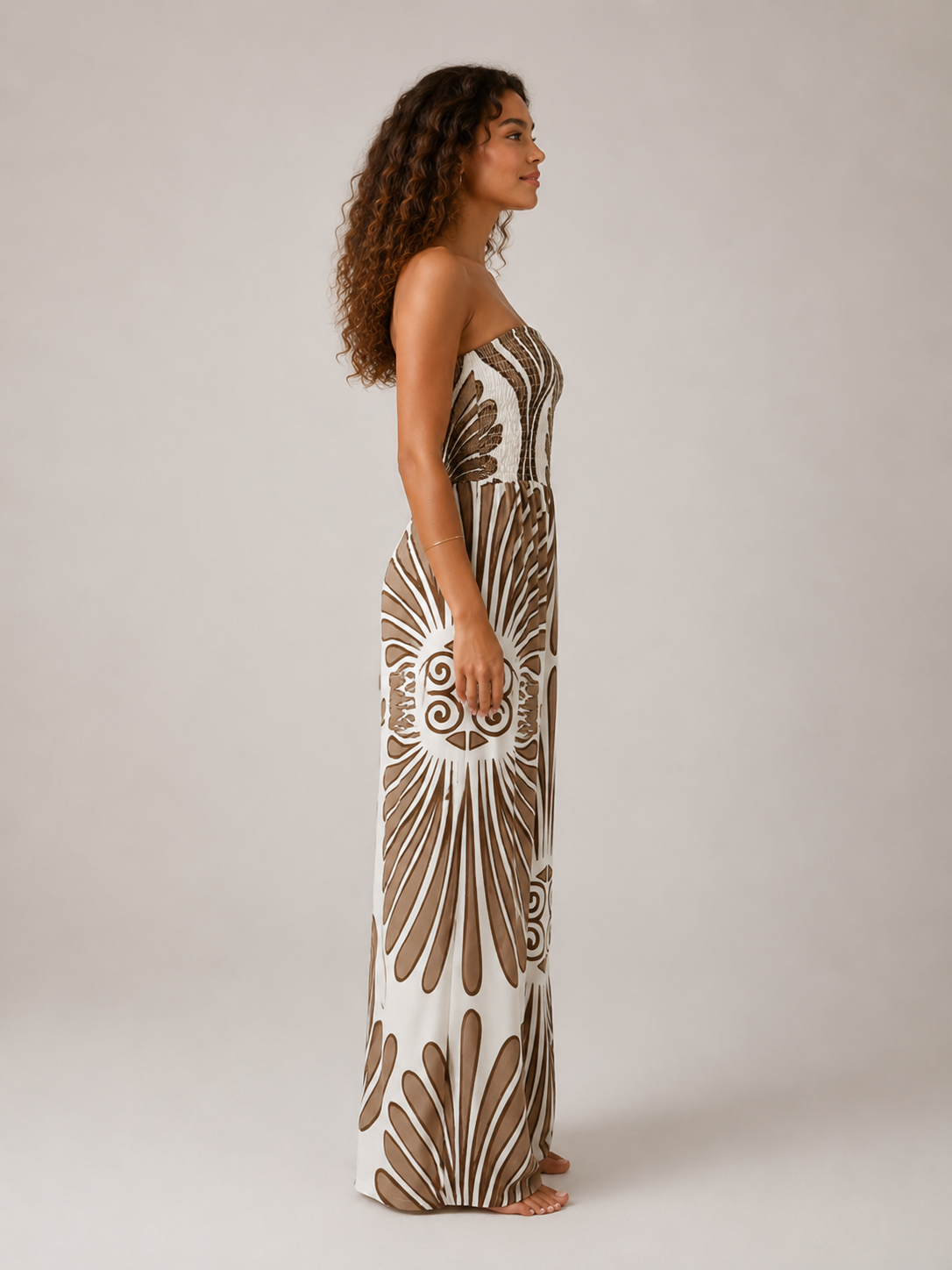 Nicolien - Strapless Maxi-jurk met Print en Gerimpeld Lijfje