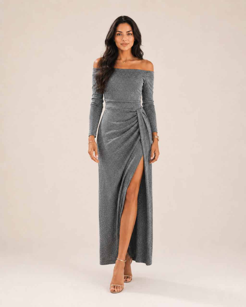 Héliane - Off-Shoulder Galajurk Met Lange Mouwen En Split