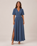 Bente - Blauwe Maxi-jurk Met Hoge Taille En A-lijn Rok