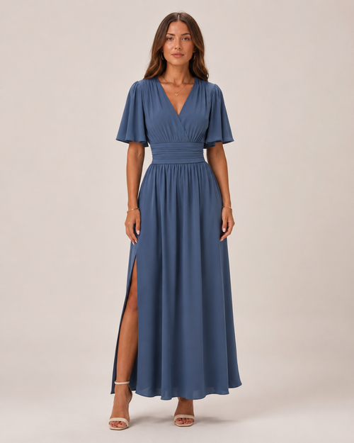 Bente - Blauwe Maxi-jurk Met Hoge Taille En A-lijn Rok
