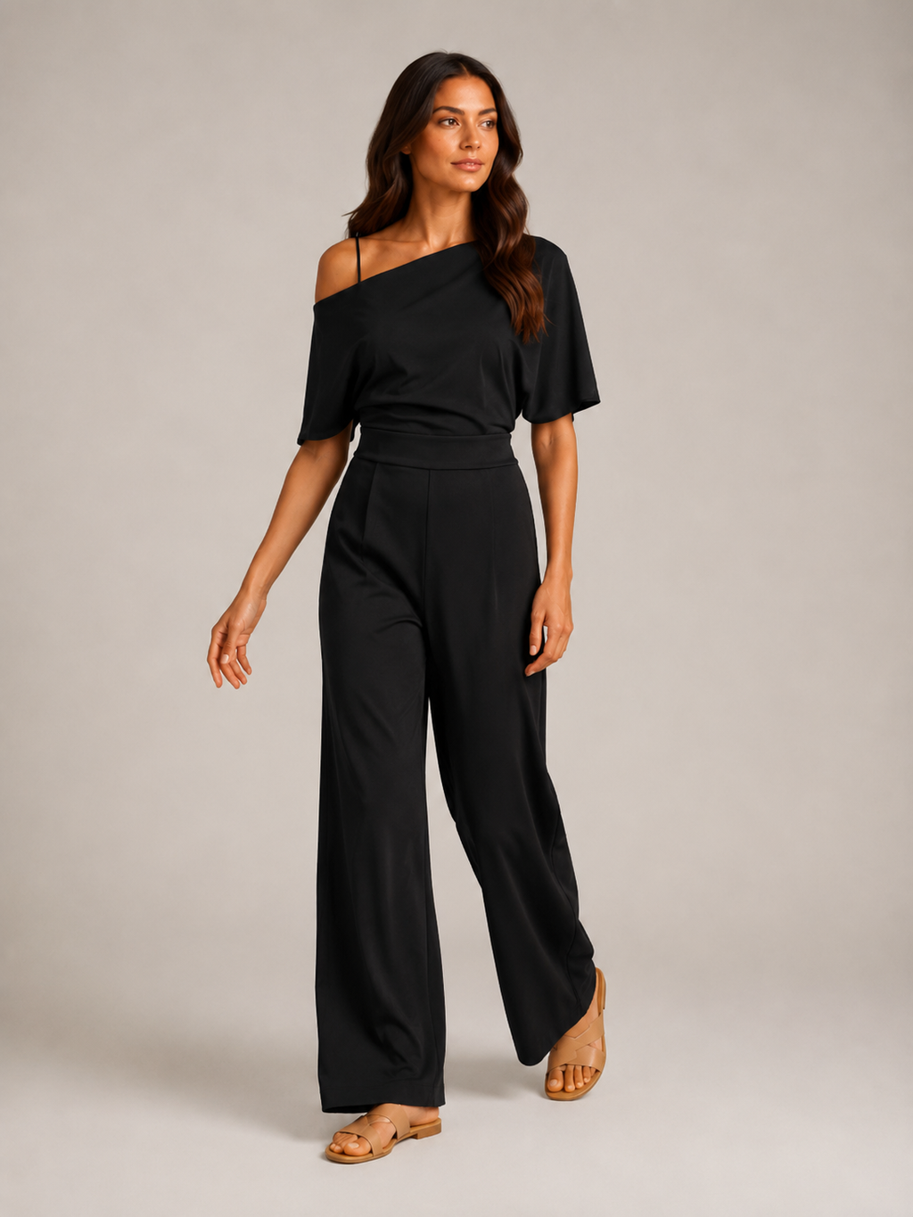 Giorenna - Dames One-shoulder Jumpsuit Met Wijde Pijpen