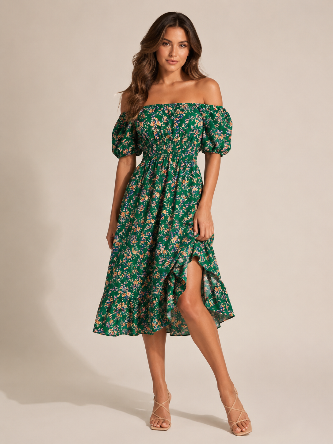 Soleya - Bloemenjurk Met Vierkante Hals En Gesmokte Taille