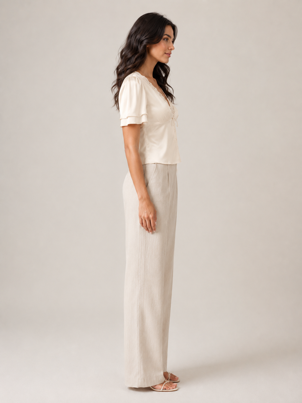 Pien - Dames slim fit top met kant en korte mouwen