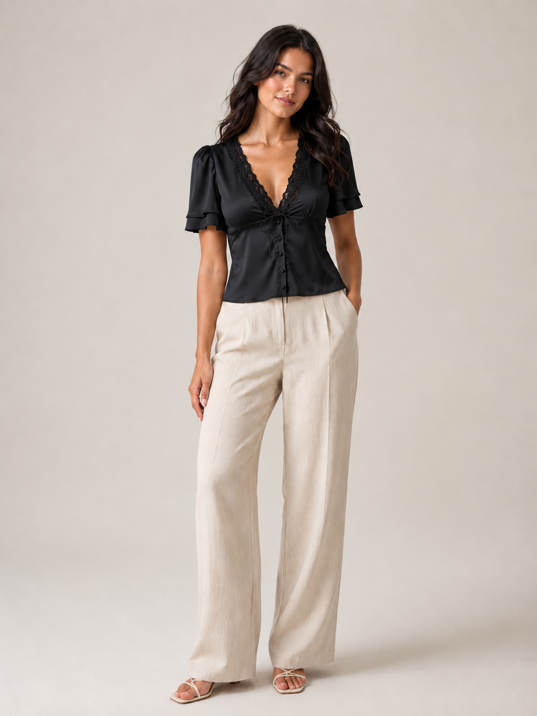 Pien - Dames slim fit top met kant en korte mouwen