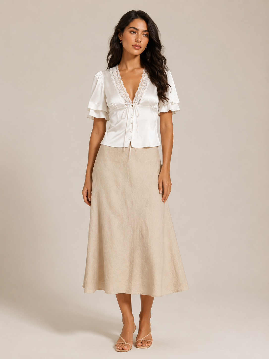 Pien - Dames slim fit top met kant en korte mouwen
