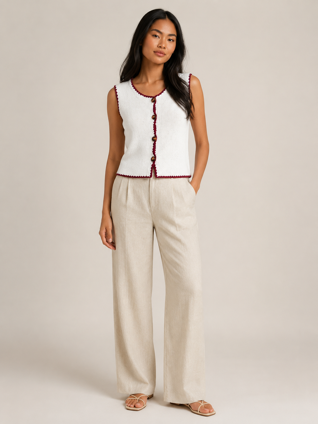 Sorelle - Dames Mouwloos Gebreid Vest Met Contrastbies En Knopen