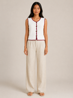Sorelle - Dames Mouwloos Gebreid Vest Met Contrastbies En Knopen