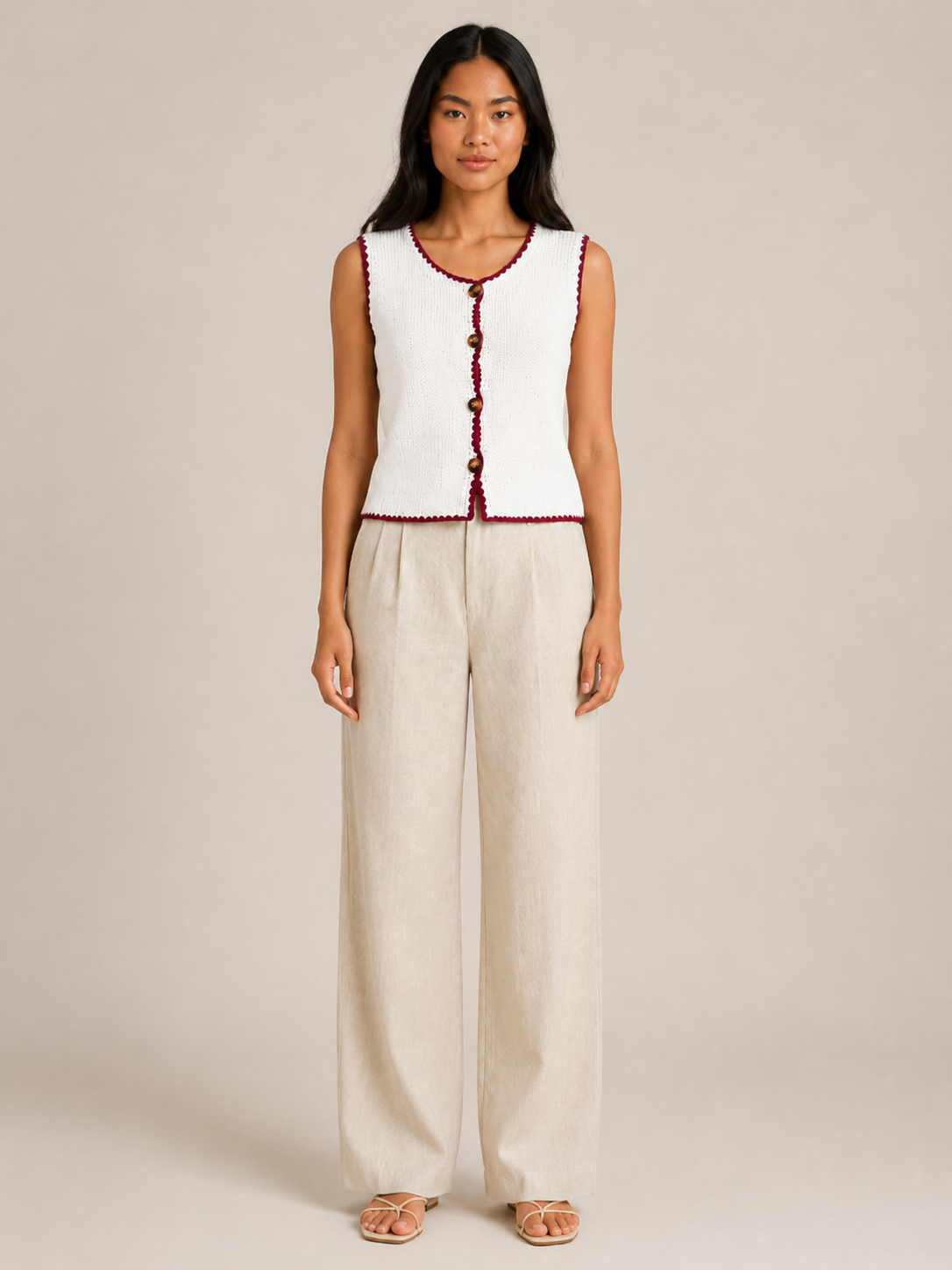 Sorelle - Dames Mouwloos Gebreid Vest Met Contrastbies En Knopen