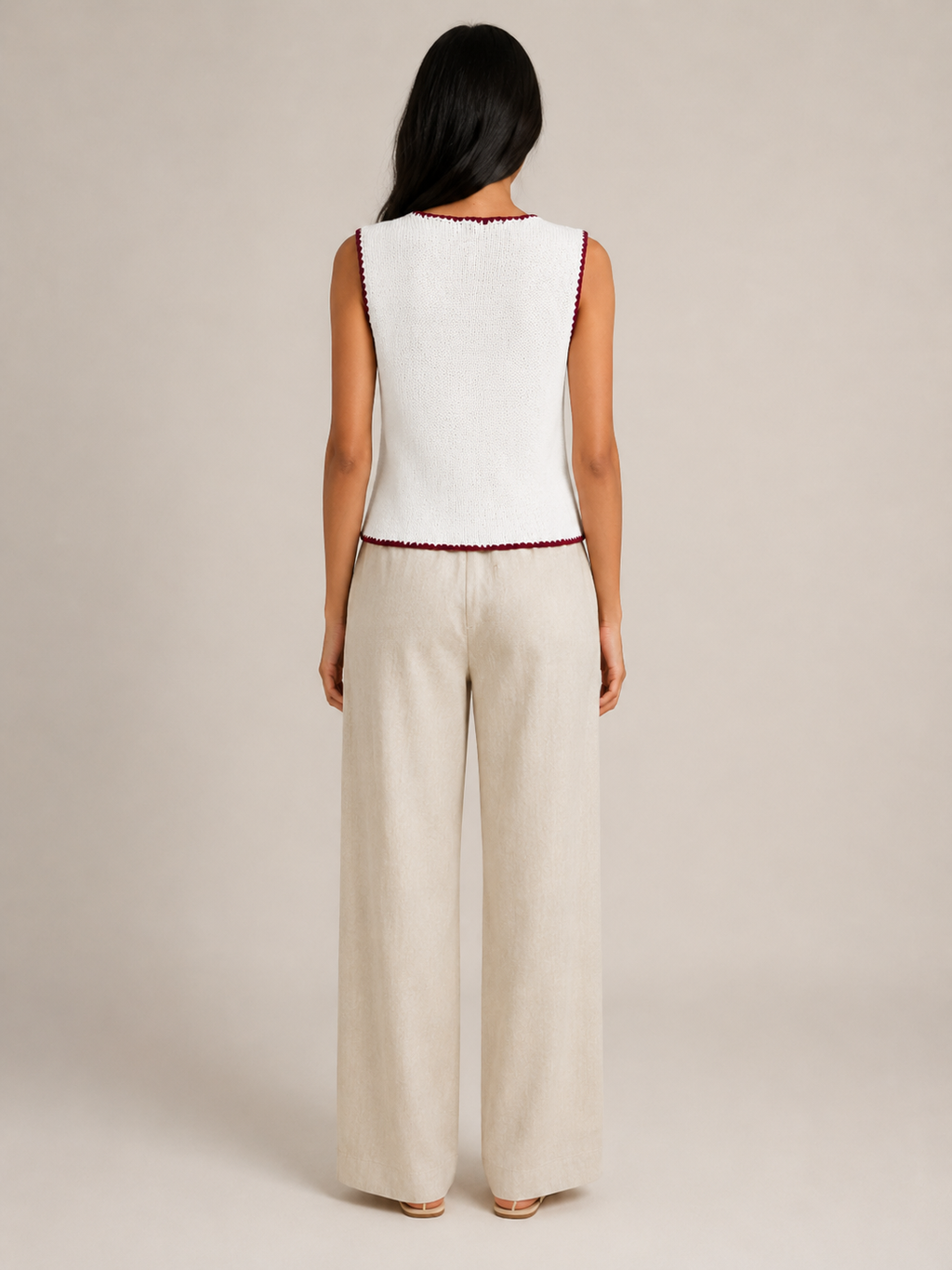 Sorelle - Dames Mouwloos Gebreid Vest Met Contrastbies En Knopen