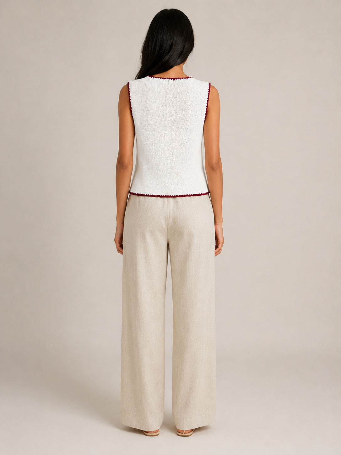 Sorelle - Dames Mouwloos Gebreid Vest Met Contrastbies En Knopen