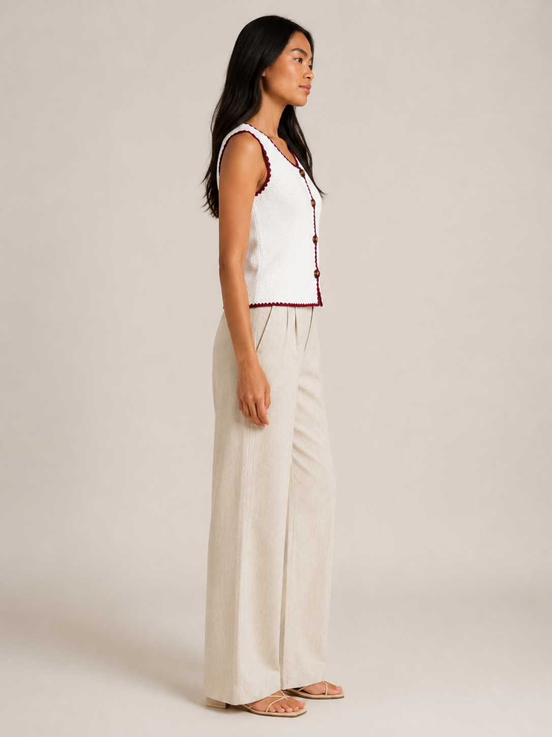 Sorelle - Dames Mouwloos Gebreid Vest Met Contrastbies En Knopen