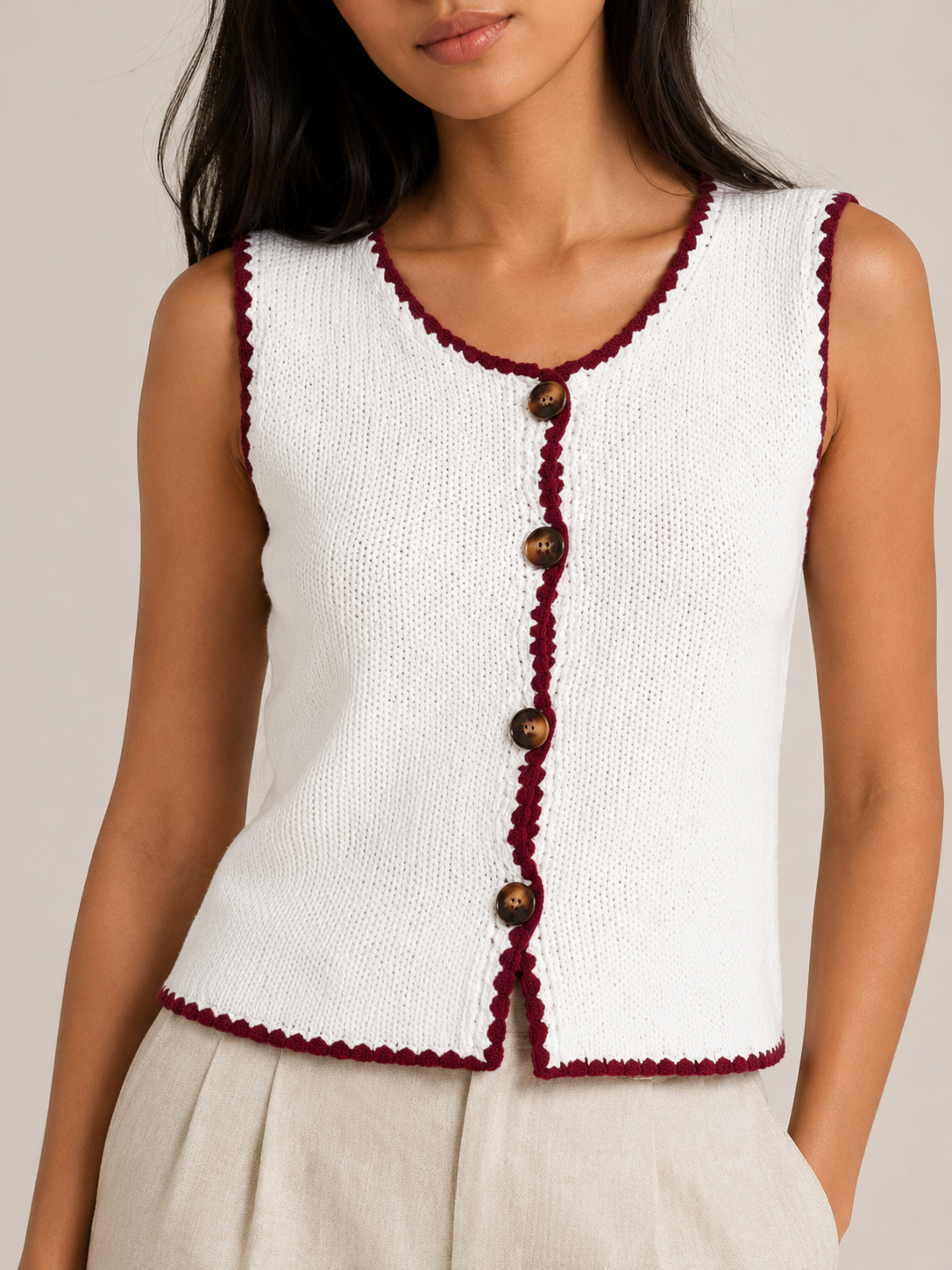 Sorelle - Dames Mouwloos Gebreid Vest Met Contrastbies En Knopen