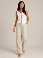 Sorelle - Dames Mouwloos Gebreid Vest Met Contrastbies En Knopen