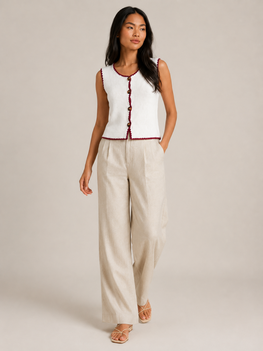 Sorelle - Dames Mouwloos Gebreid Vest Met Contrastbies En Knopen