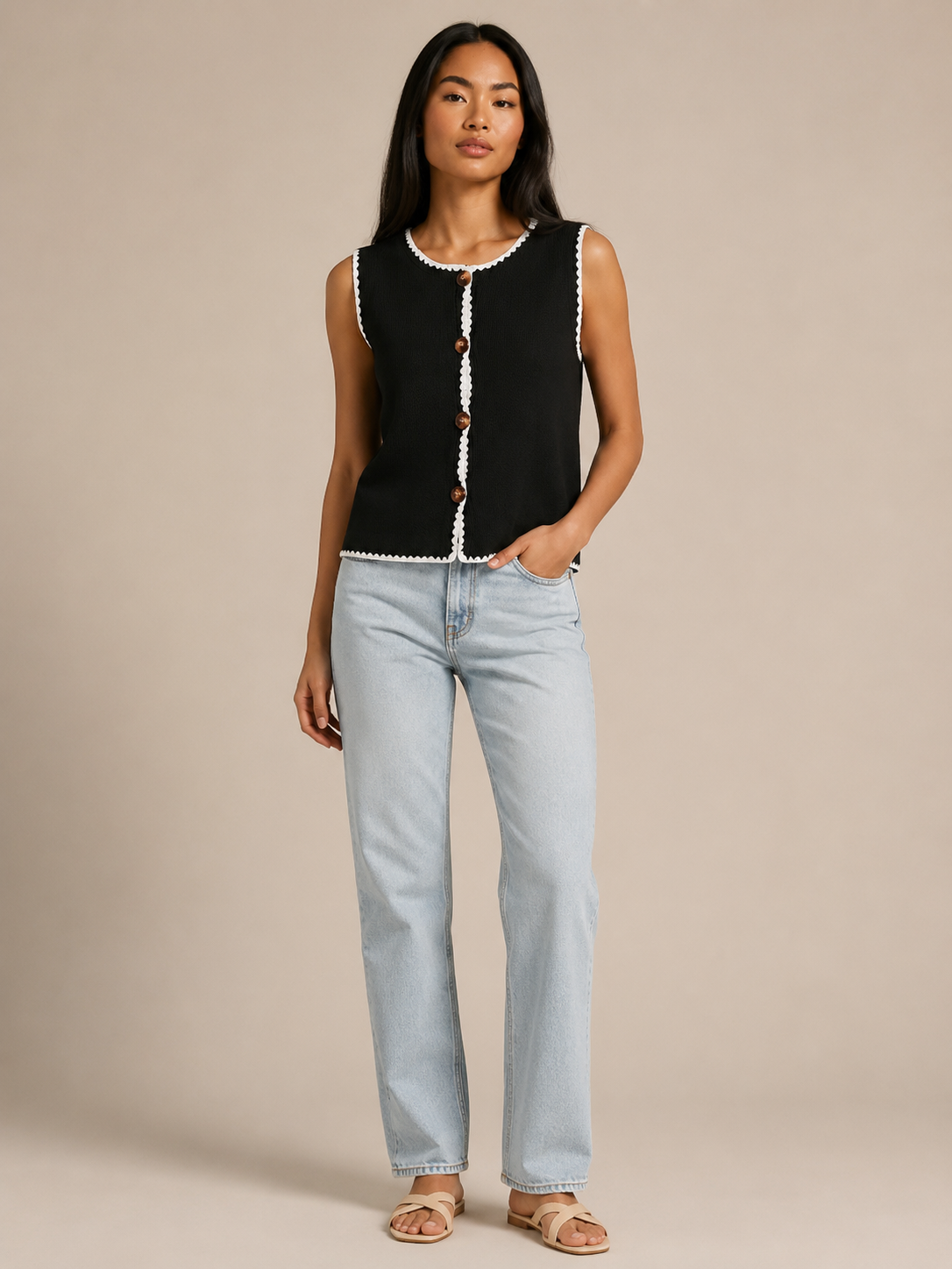 Sorelle - Dames Mouwloos Gebreid Vest Met Contrastbies En Knopen