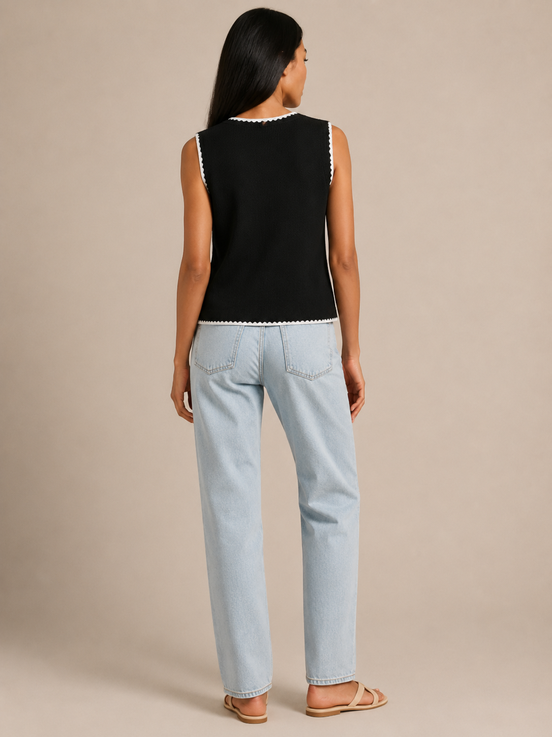 Sorelle - Dames Mouwloos Gebreid Vest Met Contrastbies En Knopen