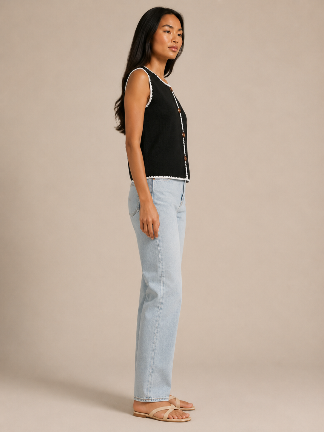 Sorelle - Dames Mouwloos Gebreid Vest Met Contrastbies En Knopen