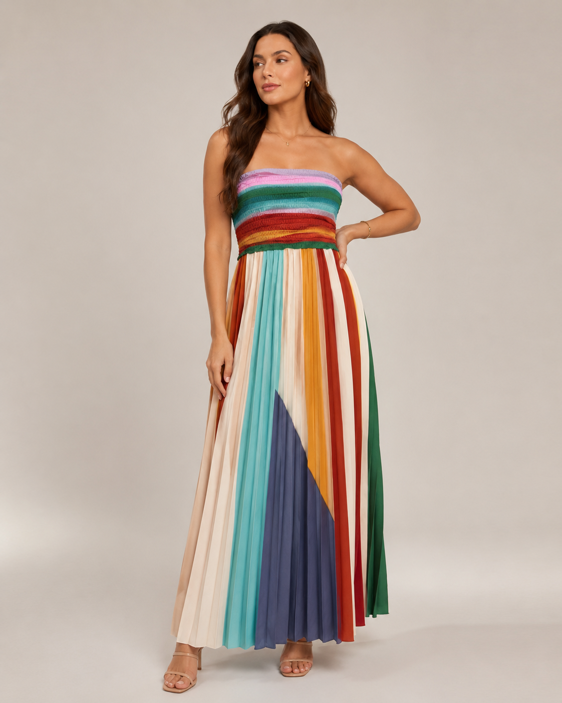 Kiona - Meerkleurige Strapless Maxi-jurk Met Strepen En Open Rug