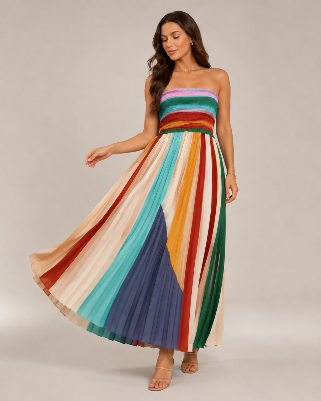 Kiona - Meerkleurige Strapless Maxi-jurk Met Strepen En Open Rug