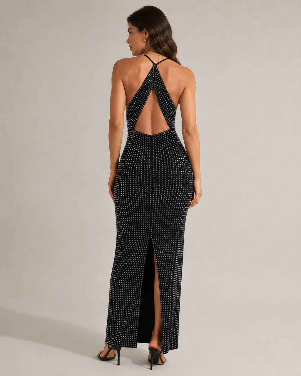 Liviana - Beige Avondjurk met Strass en Hoge Split