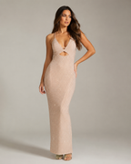 Liviana - Beige Avondjurk met Strass en Hoge Split