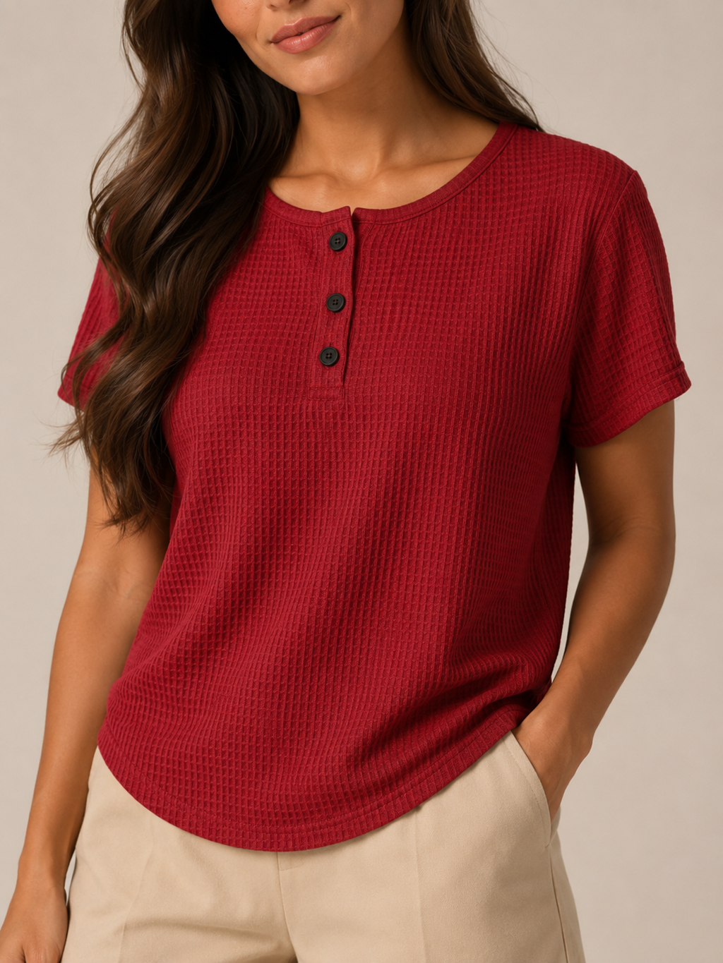 Soreana - Dames Top Met Knoopdetail En Fijne Structuur