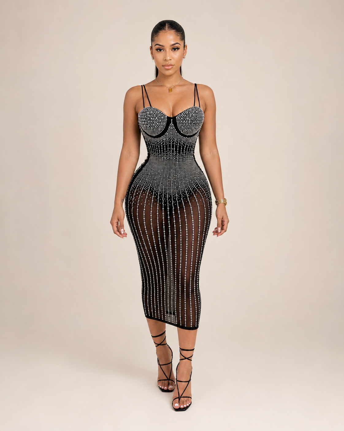 Ivana - Dames Midi-jurk Met Strass En Geborduurde Details