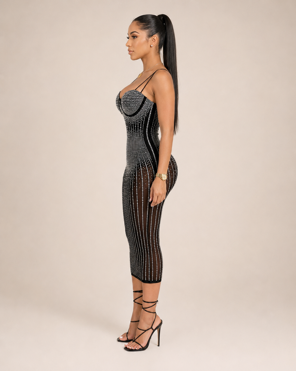 Ivana - Dames Midi-jurk Met Strass En Geborduurde Details