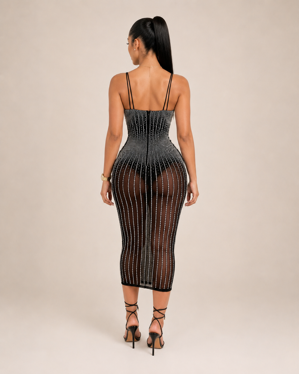 Ivana - Dames Midi-jurk Met Strass En Geborduurde Details